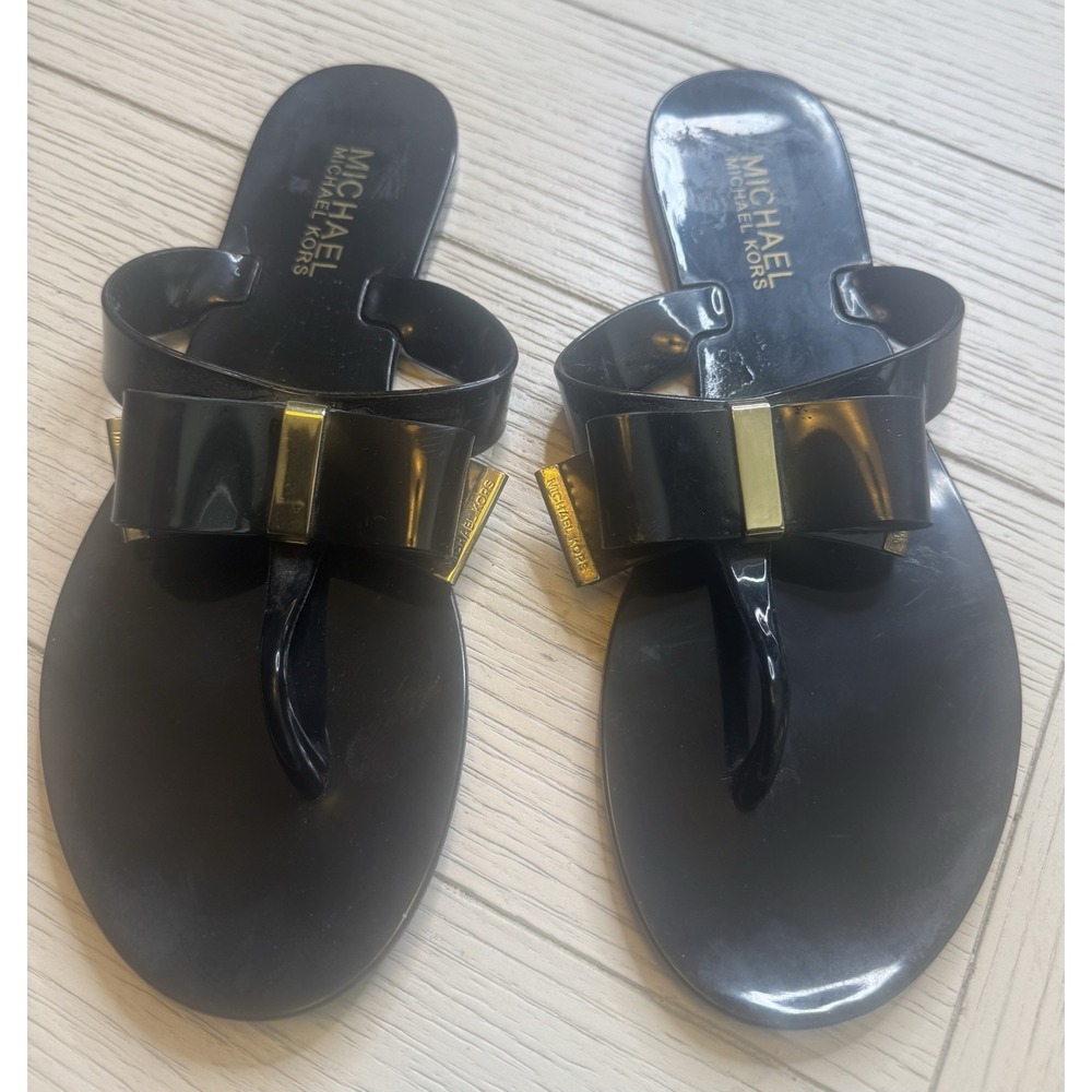 Michael Michael‎ Kors Womens Kayden PVC Bow Thong Flat Sandals Black Size 6